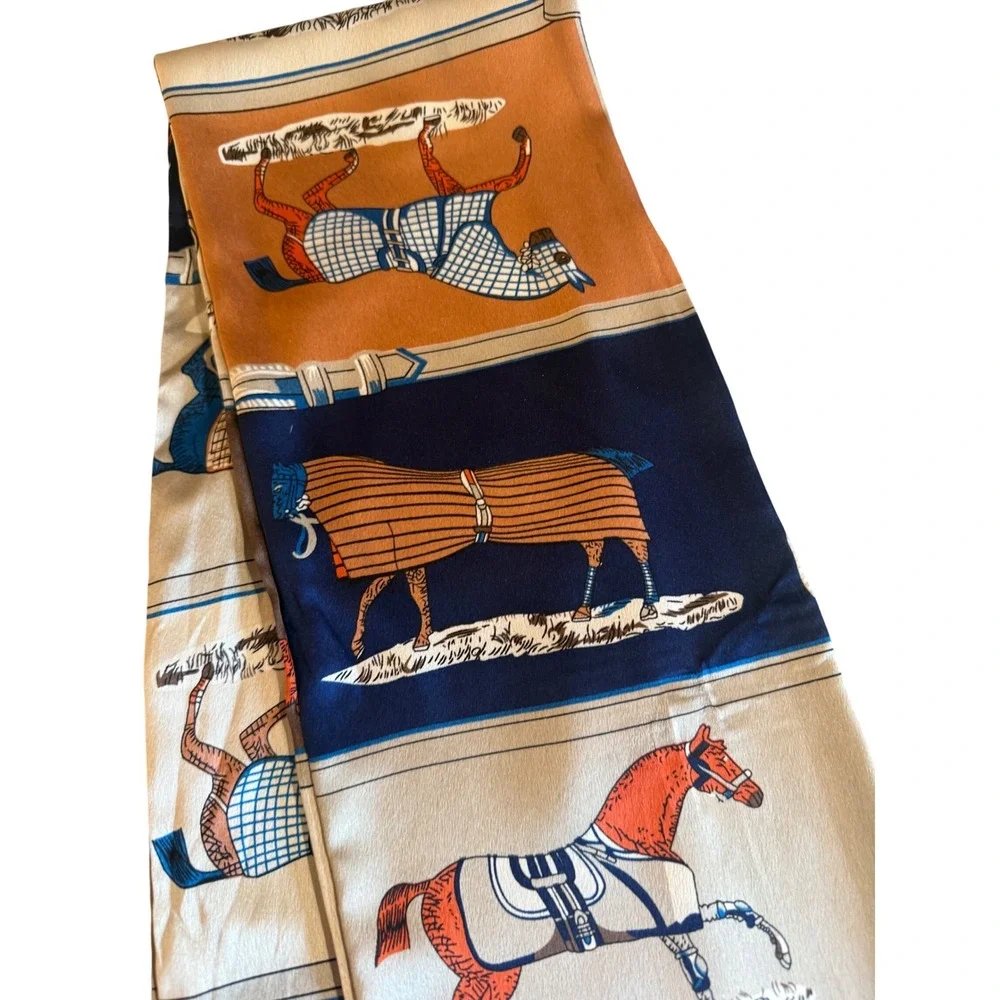 Equestrian Horse Print Silk Scarf Navy Orange Cream Derby Quiet Money Race